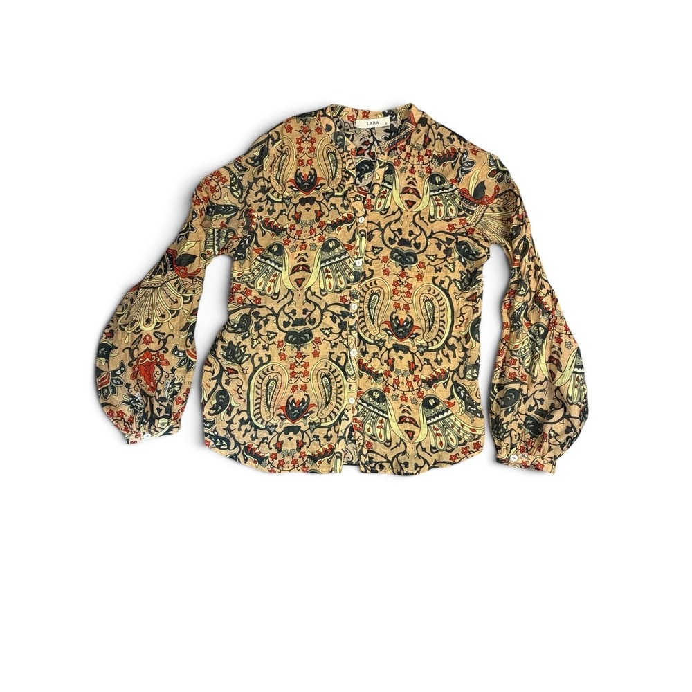 LARA Women Paisley Tapestry Print Button Down Blouse Tan Bishop Sleeve Medium
